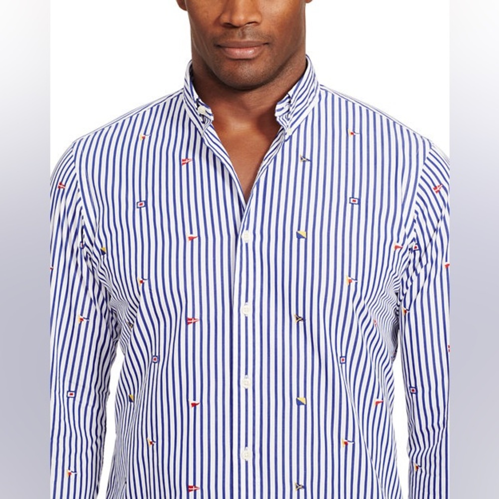 Ralph Lauren Men's 2XLT White Blue Striped Dress Shirt Embroidered Sailing